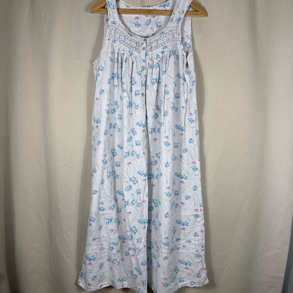 Eileen West Cotton Floral Nightgown Lace Trim Sleeveless Cottagecore Medium